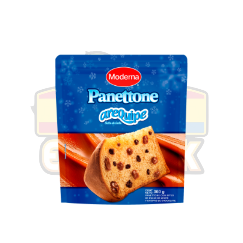 Panettone Moderna Arequipe: Compra pan dulce de Navidad con sabor a dulce de leche. Panettone de 380g con pasas y chocolate, ideal para fiestas.