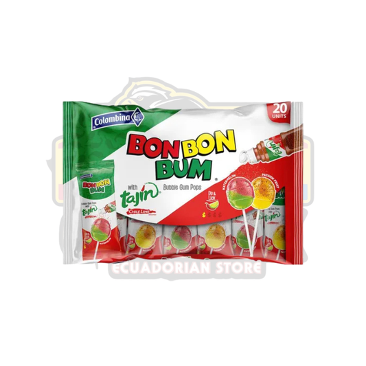 Bon Bon Bum Tajín: Compra paletas chupa chups con sabor a chile y limón. Caramelos Colombina rellenos de chicle, paquete de 20 unidades.